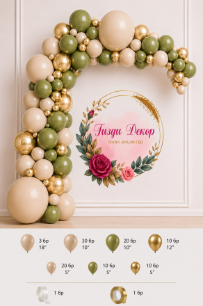 Комплект за арка от балони – лате, олив и злато (лукс серия)