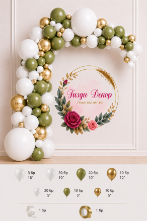 Комплект за арка от балони – олив, бяло и злато (лукс серия)